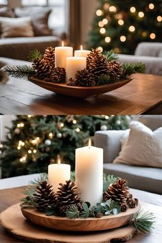 two pictures of candles and pine cones on a table