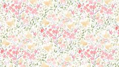 an abstract floral pattern with pink, yellow and green flowers