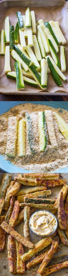 there are many different types of food on the trays and in pans, including zucchini sticks