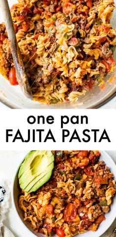 one pan fajita pasta in a white bowl with avocado on the side