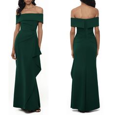 Xscape Hailey Long Scuba Crepe Off Shoulder Gown Size: 20w Designer's Color: Hunter (Green) Condition: New With Tag / Never Worn Sleek And Sophisticated, This Glamorous Evening Dress Will Have Everyone Raising A Glass To Your Impeccable Taste. Off-The-Shoulder Scuba Front Ruffle Center Back Zipper 95% Polyester 5% Spandex Fully Lined Dry Clean Only No Direct Heat Or Steam Tags: Cute Sexy Flattering Stunning High End Luxury Designer Pageant Wedding Guest Mother Of The Bride Groom Prom Homecoming Cruise Formal Night, Bridesmaid Stuff, Ruffle Long Dress, Glamorous Evening Dresses, Xscape Dresses, Dress Date Night, Party Photoshoot, Off Shoulder Gown, Homecoming Dance