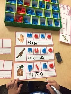 a person sitting at a table with some letters and numbers in front of them on the table