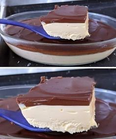 there is a piece of cake with chocolate and cream on it in the pan, being lifted by a blue plastic spoon