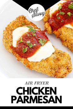 chicken parmesan on a white plate with the words air fryer chicken parmesan