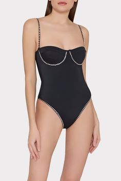 A nod to ‘80s-style swimwear, this cupped, underwire-style one-piece is crafted without padding and is adorned with heat set embellishment around each cup and strap that won’t budge when you take a dip. It’s finished with a clasp closure in the back and is meant to be paired with its coordinating Heat Set Embellished Bikini Bottom. Neutral Color Dresses, Underwire One Piece, 80s Style, Italian Fabric, 80s Fashion, Vacation Outfits, The Heat, Dip, Embellishments