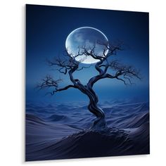 a painting of a tree in the middle of a desert at night with a full moon behind it