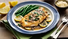 a blue and white plate topped with chicken covered in mushrooms, green beans and lemons