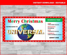 a merry christmas universal ticket with the word universal on it and red polka dot border