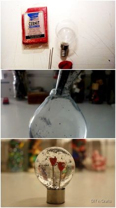 three different pictures with one light bulb and the other an empty glass bottle filled with something