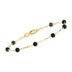 Ross-Simons - Italian Onyx Bead Station Bracelet in 18kt Yellow Gold. 8". Sometimes a splash of color is the defining element that makes the whole stack stand out. This easy-to-pair bracelet from Italy will serve many memorable looks, featuring shiny 4-4.5mm round onyx beads stationed along an 18kt yellow gold lumachina chain. Lobster clasp, onyx bead station bracelet. Yellow Gold Bracelets With Polished Beads For Formal Events, Yellow Gold Bracelets With Polished Beads For Formal Occasions, Formal Yellow Gold Bracelets With Polished Beads, Elegant Black Rosary Bracelet, Modern Yellow Gold Bracelets With Round Beads, Onyx Colour, Fine Jewelery, Gold Sign, Yellow Gold Jewelry