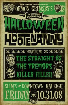 the poster for halloween hootenanny is shown in green and black, with an old