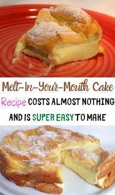 two different types of pies on plates with the words melt in your mouth cake recipe cost almost nothing and is super easy to make