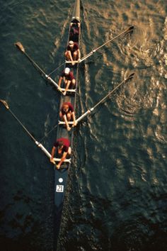 four rowers in a long boat on the water