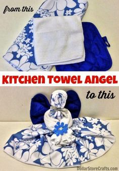 the kitchen towel angel has been made with blue and white flowers