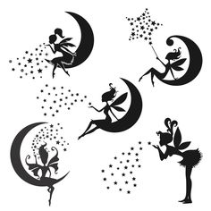 four silhouettes of fairy characters flying on the moon with stars in their hands, one is