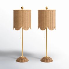 two lamps made out of wicker with gold metal bases and shades on each side