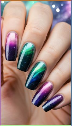 Looking for a quick and easy nail art design? Check out this video tutorial for a beautiful floral nail art look that you can recreate at home. Learn the techniques to create delicate petals and vibrant colors, and watch as your nails transform into a blooming masterpiece. #FloralNailArt #DIYNails 🌸💅 Northern Lights Inspired Nails, The Dye Nails, Space Nails Galaxy, Northern Lights Nails, Easy Halloween Nails, Alien Nails, Easy Halloween Nails Design, Cosmic Nails, Galaxy Nail