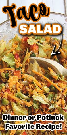 a bowl full of food with the words taco salad above it