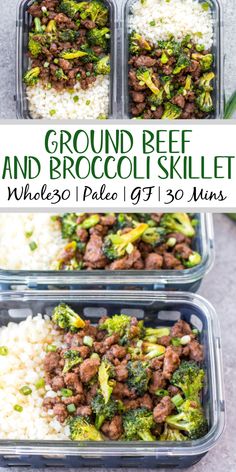 three plastic containers filled with ground beef and broccoli skillet on top of rice