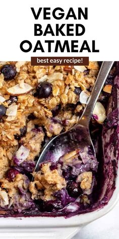 a bowl filled with blueberry baked oatmeal on top of a table