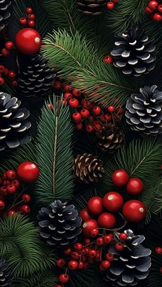 pine cones, berries and fir needles are arranged on a black background with red berries