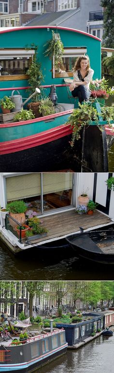 there are two boats that have plants on them