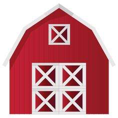 a red barn with two doors and windows