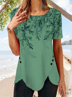 Lasaky - Delicate Printing Collar Charm Short Sleeve Blouse Plain Clothing, Hem Blouse, Plus Size Kleidung, Tunic Shirt, Green Blouse, Short Sleeve Blouse, Top Casual, Eminem, Plus Size Tops