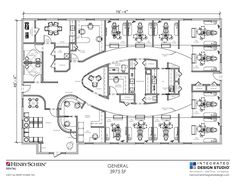 the floor plan for an office with several desks and chairs, including two reception areas