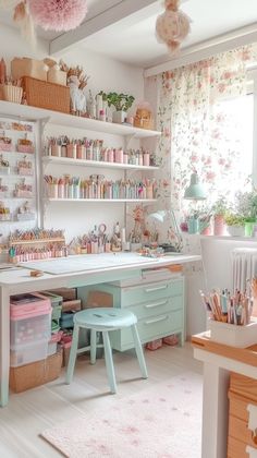 a room filled with lots of crafting supplies on shelves and desks next to a window