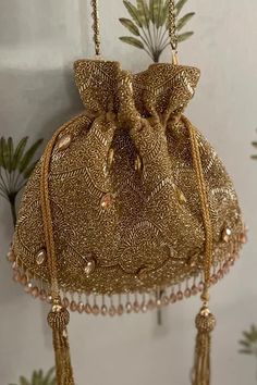 Shop for Bhavna Kumar Cutdana Embroidered Potli Bag Online at Aza Fashions Potli Bag Designs, Potali Beg Design Indian, Potli Design, Indian Bags, Potli Bag, Latest Bridal Dresses, Bridal Handbags, Maxi Dress Collection, Crystal Bags