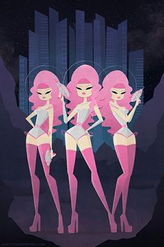 three women dressed in pink and white standing next to each other on a city background