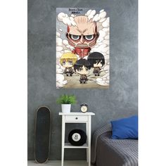 an anime poster hanging on the wall in a living room