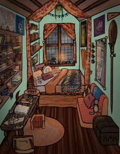 this is a drawing of a bedroom with a bed