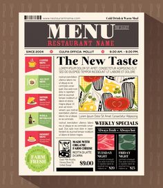 a restaurant menu with an image of food and drinks on it, in the style of newspaper