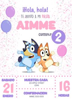 an animal birthday party flyer with two cartoon characters