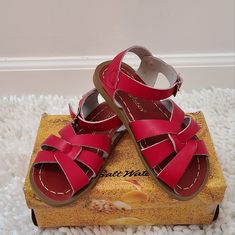 Nib Sun-San Salt Water Red Salt Water Toddler Sandals Leather Shoes. Casual Red Closed Toe Sandals, Beach Slide Sandals With Soft Sole, Red Slide Sandals For Beach, Casual Non-slip Red Sandals, Casual Red Non-slip Sandals, Red Slide Sandals, Adjustable Non-slip Red Sandals, Red Sandals With Round Toe For Vacation, Closed Toe Red Sandals For Beach