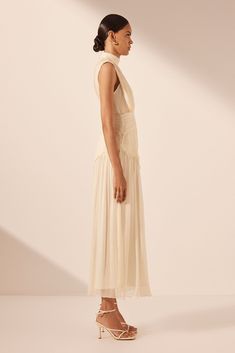 Clemence High Neck Midi Dress | Cream | Dresses | Shona Joy – Shona Joy International Formal Chiffon Midi Length Dresses, Elegant Cream Dress With Sheer Bodice, Cream Dress With Sheer Bodice For Evening, Elegant Chiffon Midi Wedding Dress, Elegant Midi Chiffon Wedding Dress, Chic Fitted Long Chiffon Dress, Sleeveless Silk Chiffon Maxi Dress For Cocktail, Elegant Midi-length Chiffon Wedding Dress, Summer Sleeveless Silk Chiffon Dress