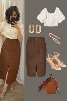 Outfit Inspo | Puffed Sleeve Tanned White Top and Brown Pencil Midi Skirt | Brown Leather Bag with Beige Heeled Sandals | Outfit Inspiration | Brown Skirt Outfits | Women Style | Casual Work Outfits Brown Skirt Outfits, Heeled Sandals Outfit, Beige Top Outfit, Midi Pencil Skirt Outfit, Brown Skirt Outfit, Tan Midi Skirt, Midi Skirt Brown, Skirt Outfit Summer, Skirt Outfits Summer