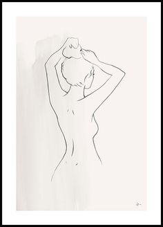 a black and white drawing of a woman's back with her hands behind her head