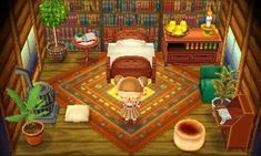 an animal crossing game is shown in this screenshot from the nintendo wii, which features a living room with furniture and bookshelves