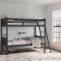 a bunk bed with a ladder next to it and a soccer ball on the floor