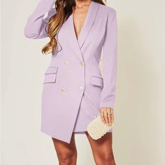 New With Tags Chic Mauve Dress For Formal Occasions, Purple Knee-length Mini Dress For Day Out, Spring Mini Blazer Dress For Date Night, Mini Blazer Dress For Date Night In Spring, Knee-length Purple Mini Dress For Day Out, Spring Office Dressy Mini Dress, Dressy Spring Office Mini Dress, Spring Date Night Mini Blazer Dress, Lavender Long Sleeve Mini Dress For Party