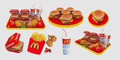 three trays with different types of fast food on them, including hamburgers and french fries