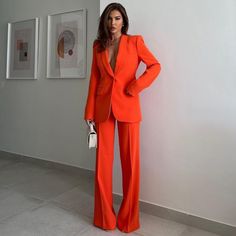 Blogger’s Fav Matching Blazer In Separate Listing. Bundle And Save. Outfits With Slacks, Formal Outfits For Women, Orange And Hot Pink, Graduation Suits, Bell Bottom Trousers, Orange Suit, Cute Vacation Outfits, Women In Suits, Orange Blazer