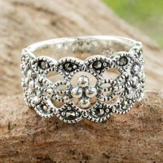 Classic Thai Style Marcasite on Sterling Silver Band Ring - Antique Contempo | NOVICA Marcasite Hair Accessories, Marcasite Ring Engagement, Cavansite Rings, Marcasite Jewelry, Gray Jewelry, Sterling Silver Heart Necklace, Emerald Earrings Studs, Marcasite Ring, Sterling Silver Marcasite