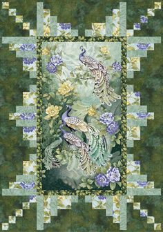 a quilt with two peacocks on it and flowers in the center, surrounded by green squares