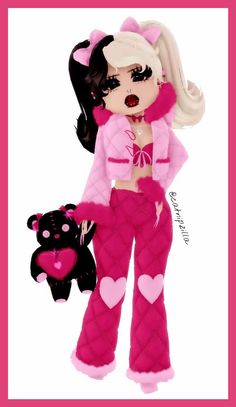 a doll is holding a teddy bear and wearing pink clothing with hearts on it's chest