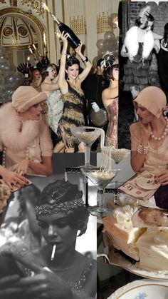 a collage of photos with people dressed in fancy clothing and hats, one woman holding a wine bottle while the other holds a cake