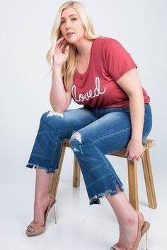 Plus Size Mid Rise Kick Flare Distressed Hem Jeans Cropped | Baylee & Brooke’s Boutique Jeans Trendy, Type Inspiration, Kick Flare Jeans, Kick Flares, Plus Size Jeans, Inspiration Board, Cut Jeans, Denim Women